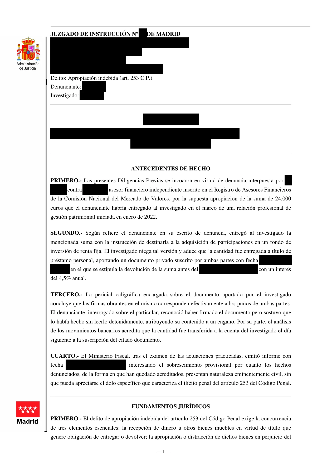 Auto de archivo en causa por apropiación indebida