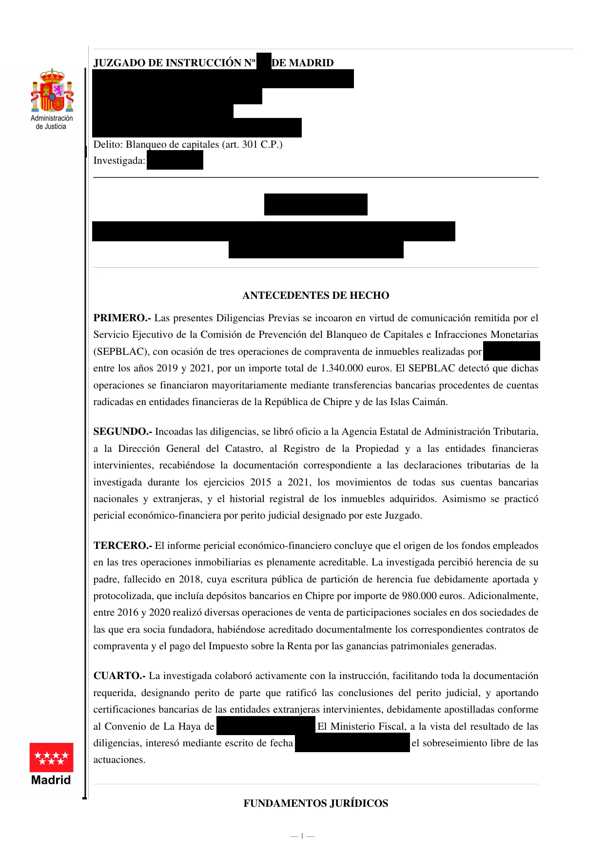 Auto de sobreseimiento por blanqueo de capitales
